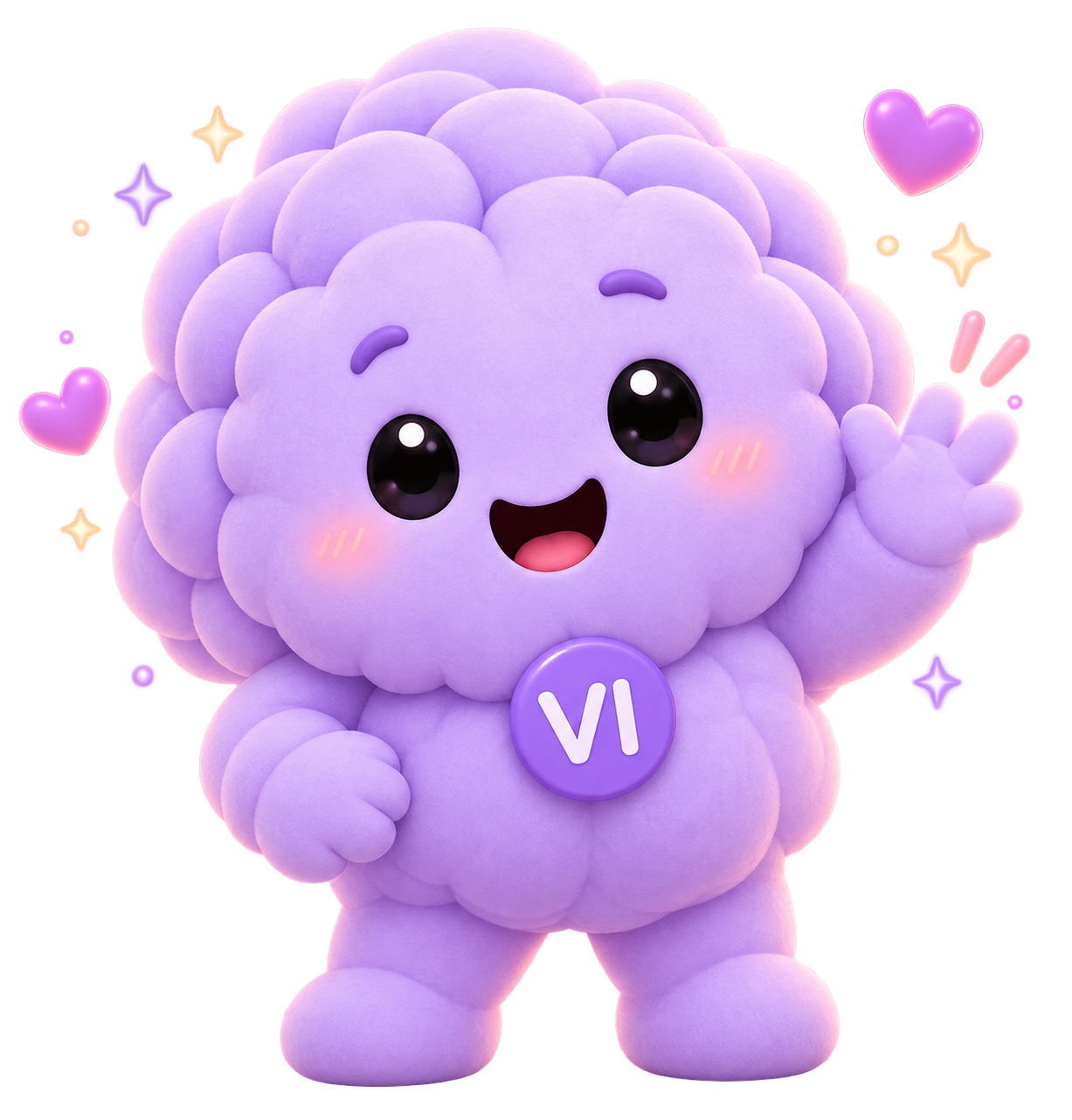 VI, the Neurovia companion — a soft lavender brain-cloud character waving