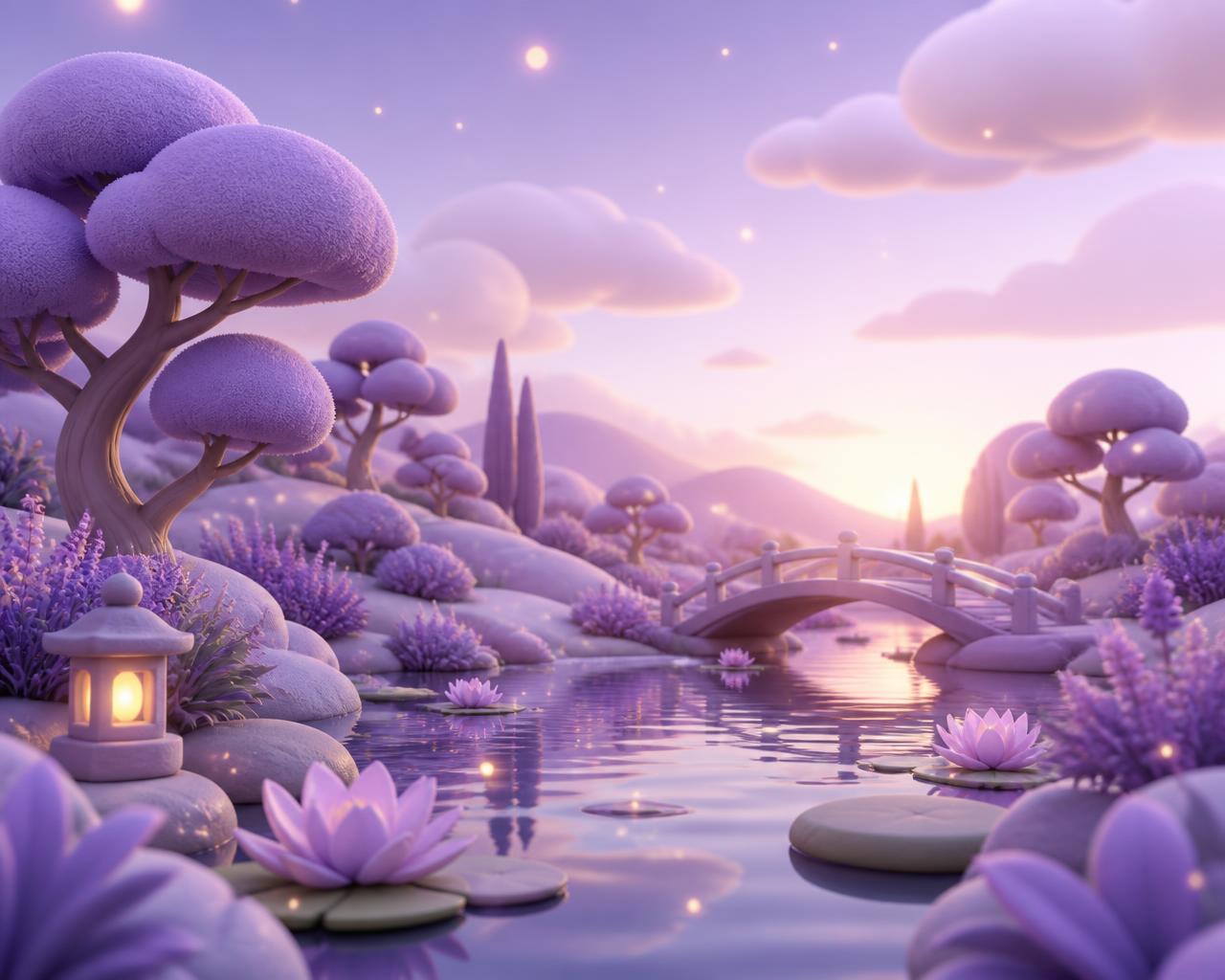 A still lavender pond with water lilies and a soft bridge at dusk