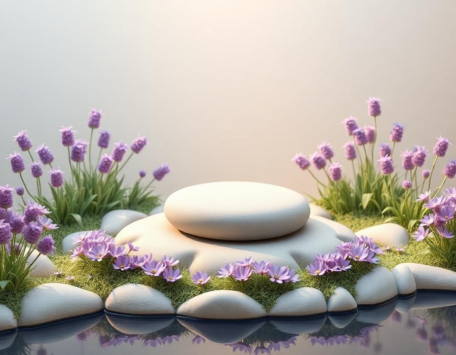 A flat stone circled by lavender flowers