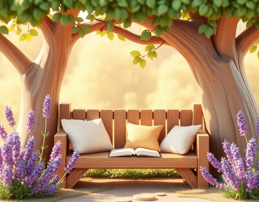 A wooden bench with books beneath a tree