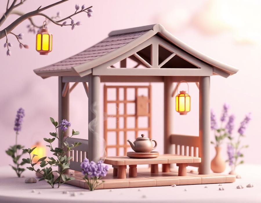 A small pavilion with a steaming teapot