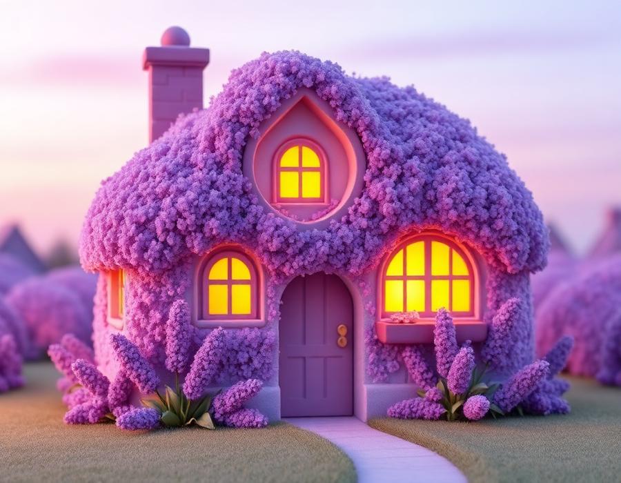 A small cottage covered in lavender blossoms