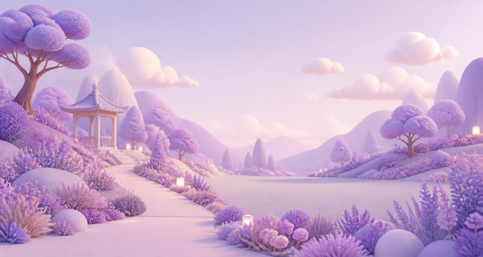 A wide lavender valley with a winding path, a pavilion and soft glowing lights