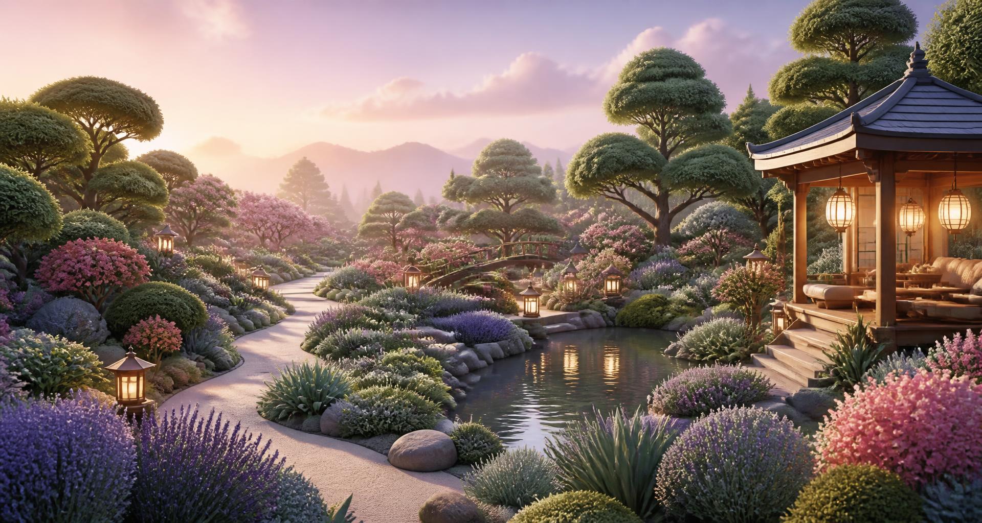 A panoramic garden sanctuary with lanterns, a pond, flowering beds and a wooden pavilion