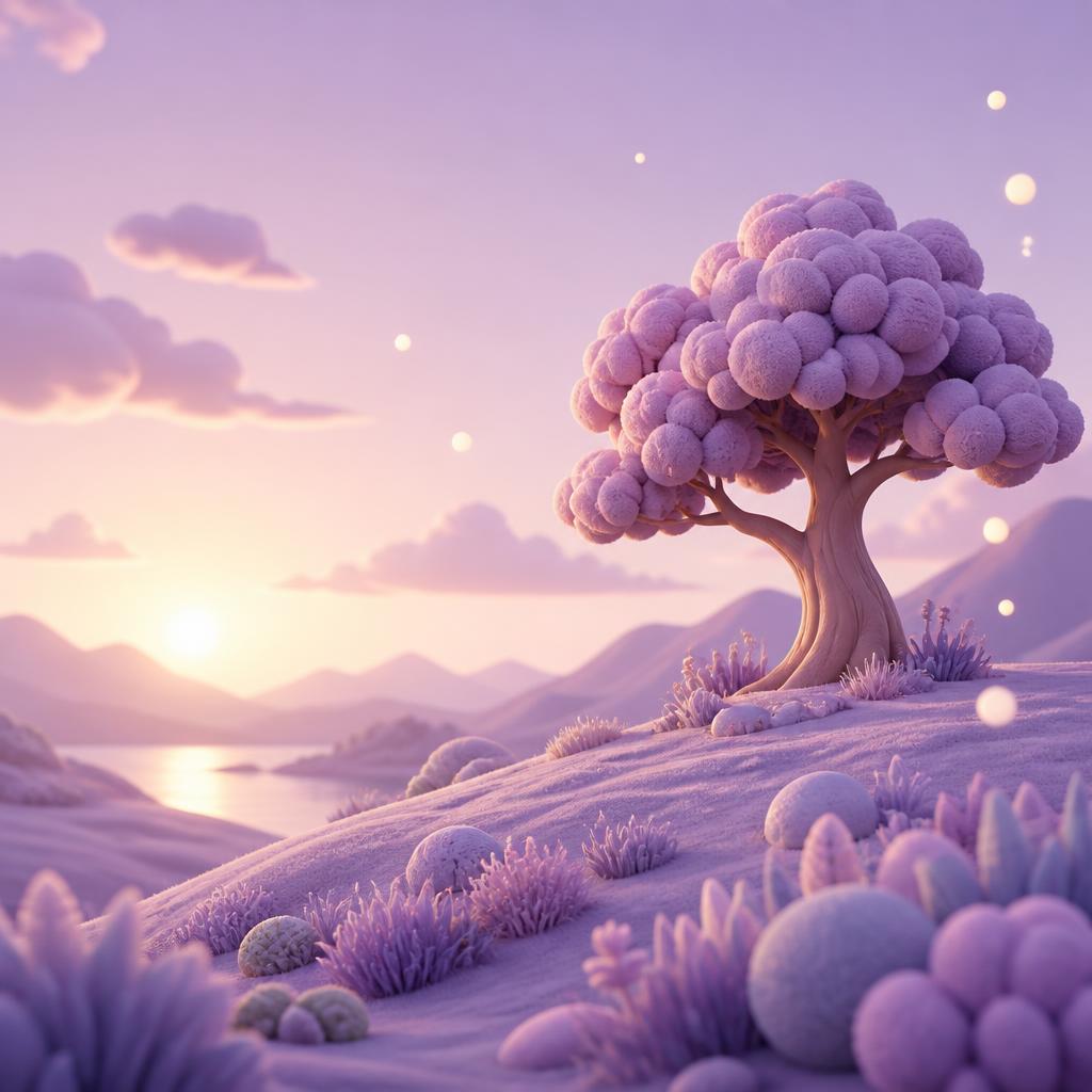 A single soft tree on a lilac hillside at dawn