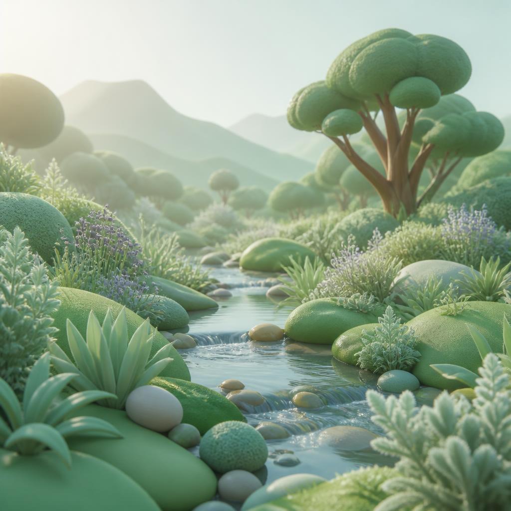 A calm green meadow with a small stream